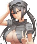  1girl arm_up breasts cleavage eyebrows_visible_through_hair grey_eyes grey_hair grin highres large_breasts long_hair looking_at_viewer low_twintails minecraft nyxkz parted_lips personification short_sleeves skeleton_(minecraft) smile solo twintails v 
