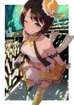  1girl absurdres bare_shoulders blush breasts brown_hair collarbone eyebrows_visible_through_hair glowstick green_eyes grin highres hololive large_breasts looking_at_viewer one_eye_closed oozora_subaru parted_lips punikiman short_hair sideboob smile subaru_duck teeth 