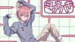  1boy animal_ears blue_shirt cat_boy cat_ears honey_stars long_sleeves looking_at_viewer momoneko_thil multicolored_hair pale_skin pants pink_hair shirt usirome virtual_youtuber white_hair 