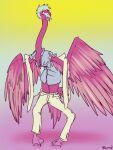 2021 3:4 anthro avian beak bird bottomwear breasts clothing feathered_wings feathers female flamingo hair halcy0n hi_res looking_down membrane_(anatomy) pants pink_body short_hair simple_background solo standing surprise transformation webbed_feet wings 