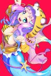  1girl :d animal_hood animal_print bikini blue_eyes bracelet breasts chinese_zodiac covered_nipples heart heart_in_eye highres hood hoodie jewelry large_breasts laura_la_mer long_hair looking_at_viewer mermaid monster_girl open_mouth precure purple_hair red_background ryuuta_(cure_ryuuta) shiny shiny_hair shiny_skin simple_background smile solo swimsuit symbol_in_eye tail tiger_hood tiger_print tiger_tail tropical-rouge!_precure year_of_the_tiger 