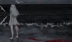  1girl a0lp alternate_costume animal_ears arknights arms_at_sides bare_arms bare_legs bare_shoulders barefoot beach bird blood blood_in_hair blood_on_clothes dress fox_ears from_behind grey_dress highres horizon lappland_(arknights) long_hair ocean silver_hair sleeveless sleeveless_dress solo standing sun tail water wolf_ears wolf_girl wolf_tail 
