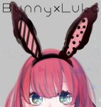  1girl animal_ears ayatoto english_text green_eyes grey_background long_hair looking_at_viewer megurine_luka piapro rabbit_ears red_hair simple_background solo vocaloid 