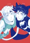  2boys :&lt; :3 :q animal_ears battle_tendency blush caesar_anthonio_zeppeli cat_ears cat_tail facial_mark feather_hair_ornament feathers fingerless_gloves from_above gloves hair_ornament jojo_no_kimyou_na_bouken joseph_joestar joseph_joestar_(young) kemonomimi_mode licking_lips multiple_boys muted_color one_eye_closed paw_pose scarf sumo_(komokomo1201) tail tongue tongue_out trangle_print triangle_print 