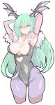  1girl animal_print bat_wings breasts bridal_gauntlets cleavage clothing_cutout commentary_request enpe green_hair head_wings heart_cutout highres large_breasts leotard long_hair morrigan_aensland pantyhose purple_legwear simple_background solo vampire_(game) white_background wings 