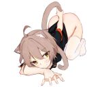  1girl absurdres ahoge all_fours animal_ears annin_miru annin_miru_channel arm_behind_back ass black_shirt bottomless brown_hair cat_ears cat_tail closed_mouth commentary_request eyebrows_visible_through_hair eyes_visible_through_hair full_body hair_between_eyes highres looking_at_viewer no_shoes paw_print rika_(mikunopantsu) shirt short_sleeves sleeve_cuffs solo tail tail_grab thighhighs top-down_bottom-up virtual_youtuber white_background yellow_eyes 