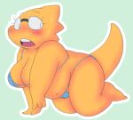  all_fours alphys alpi anthro belly big_breasts bikini blush bodily_fluids breasts buckteeth chubby_anthro chubby_female clothed clothing deep_navel embarrassed eyewear female frown glasses lizard looking_back navel nervous non-mammal_breasts open_frown open_mouth reptile scales scalie short_stack side_view simple_background skimpy slightly_chubby solo string_bikini sweat swimwear teeth thick_tail thick_thighs undertale_(series) yellow_body yellow_scales 