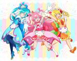  3girls :d ankle_bow apron arm_up armpits back_bow blonde_hair blue_bow blue_eyes blue_footwear blue_hair blue_legwear blue_skirt boots bow bun_cover choker closed_mouth cure_precious cure_spicy cure_yum-yum delicious_party_precure detached_collar double_bun drill_hair earrings elbow_gloves frilled_skirt frills full_body fuwa_kokone gloves hair_bow hair_cones hair_rings hanamichi_ran heart_brooch highres huge_bow jewelry knee_boots long_hair looking_at_viewer magical_girl multicolored_background multicolored_hair multiple_girls nagomi_yui official_style open_mouth orange_bow orange_footwear orange_skirt outstretched_hand pantyhose pink_bow pink_choker pink_hair pink_skirt precure purple_eyes red_eyes shiny shiny_hair shoes skirt smile striped striped_bow tiler_(tiler00) twin_drills two-tone_hair white_footwear white_gloves 