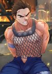  1boy abs arms_behind_head bara bare_pectorals bulge cowboy_shot cross_scar dirty dirty_face fishnet_top fishnets forked_eyebrows highres ichimonji_batsu justice_gakuen looking_at_viewer male_focus male_pubic_hair muscular muscular_male navel nipples no_male_underwear pectorals pubic_hair pubic_hair_peek scar scar_on_arm short_hair sideburns sitting solo stomach thick_eyebrows thick_thighs thighs zink_(zink_mchn) 