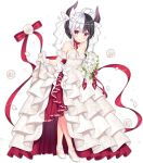  1girl ahoge ark_order bangs bare_shoulders black_hair black_horns blush bouquet bow bow_choker braid breasts bridal_veil choker cleavage closed_mouth detached_sleeves diadem dress flower full_body hela_(ark_order) high_heels holding holding_bouquet horn_bow horn_ornament horns ikataruto long_hair looking_at_viewer medium_breasts multicolored_hair official_art pearl_(gemstone) red_bow red_choker red_dress red_eyes rose shoes short_sleeves sidelocks smile solo split-color_hair standing strapless strapless_dress tachi-e transparent_background two-tone_dress veil wedding_dress white_bow white_flower white_footwear white_rose 