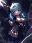  1girl :o absurdres bad_id bad_pixiv_id bangs black_bow black_dress black_gloves black_sleeves blush bow breasts cleavage collarbone detached_sleeves dress drill_hair eyebrows_visible_through_hair frilled_dress frills gloves gradient gradient_background green_eyes grey_background grey_dress gwen_(league_of_legends) hair_bow highres large_breasts league_of_legends long_hair park_ogre puffy_short_sleeves puffy_sleeves shiny shiny_hair short_sleeves solo twin_drills 