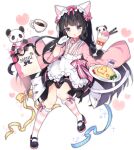  1girl :3 :o abaddon_(ark_order) animal_ears apron ark_order bangs bell black_footwear black_hair black_skirt blunt_bangs blush bow bow_choker broccoli cat_ears choker coffee fake_animal_ears food full_body gloves hair_bow hairband holding holding_plate japanese_clothes jingle_bell kimono kneehighs long_hair long_sleeves looking_at_viewer maid_headdress menu neck_bell official_art omurice panda parfait paw_pose pink_bow pink_choker pink_kimono pink_legwear pink_ribbon plate purple_eyes ribbon shoes sidelocks skirt solo striped striped_legwear suspender_skirt suspenders tachi-e tomato tsukimi_(xiaohuasan) very_long_hair wa_maid white_apron white_gloves white_hairband white_legwear wide_sleeves 