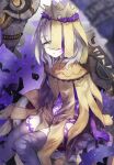  1girl :o bangs blonde_hair bob_cut braid briar_rose_(sinoalice) crown dress gloves green_eyes half-nightmare highres looking_at_viewer medium_hair navel one_eye_covered open_mouth purple_gloves purple_legwear sinoalice sitting solo tare_(tonikaku_magaru) thighhighs thorns yellow_dress 