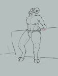  2022 abs absurd_res anthro biceps big_bulge bovid bulge butt caprine clothed clothing curved_horn digital_media_(artwork) digitigrade goat hi_res hooves horn jockstrap jockstrap_only leaning_on_table looking_at_viewer male mammal mostly_nude muscular muscular_anthro muscular_male nipples nub_tail pecs signature simple_background sketch solo solo_focus thick_thighs underwear wide_hips 