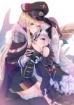  2girls azur_lane bare_shoulders bismarck_(azur_lane) black_cape black_dress black_gloves black_hair black_legwear blonde_hair blue_eyes blush breasts cape cleavage curly_hair dress elbe_(azur_lane) expressionless from_side fur-trimmed_cape fur-trimmed_legwear fur_trim german_flag gloves hair_between_eyes hair_ribbon hat head_on_chest highres holding_hands imo_bouya imperial_german_flag interlocked_fingers kneeling leaning_on_person long_hair looking_at_viewer looking_to_the_side medium_breasts military military_uniform multicolored_eyes multicolored_hair multiple_girls off-shoulder_dress off_shoulder peaked_cap purple_eyes ribbon silver_hair staring streaked_hair thighhighs two-tone_hair two_side_up uniform very_long_hair white_gloves 