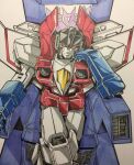  1boy annoyed clenched_hand crossed_legs decepticon looking_at_viewer marker_(medium) mecha no_humans science_fiction solo starscream throne traditional_media transformers tsushima_naoto white_background 