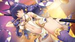  1girl animal_ears ass_visible_through_thighs bangs breasts character_request dog_ears dog_girl egyptian_clothes eyebrows_visible_through_hair highres legend_clover long_hair looking_at_viewer medium_breasts mojarin_(kihara_mojarin) navel pelvic_curtain purple_hair revealing_clothes sidelocks solo standing thighhighs yellow_eyes 