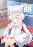  1girl animal_ear_fluff animal_ears bench candy_store closed_eyes dress eating highres long_hair low_twintails open_mouth original ribbon shop silver_hair sitting smile solo sundress tail twintails very_long_hair white_dress wolf_ears wolf_girl wolf_tail yuuma_(skirthike) 