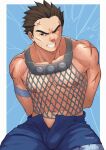  1boy abs arms_behind_head bara bare_pectorals bulge cowboy_shot cross_scar dirty dirty_face fishnet_top fishnets forked_eyebrows highres ichimonji_batsu justice_gakuen looking_at_viewer male_focus male_pubic_hair muscular muscular_male navel nipples no_male_underwear pectorals pubic_hair pubic_hair_peek scar scar_on_arm short_hair sideburns sitting solo stomach thick_eyebrows thick_thighs thighs zink_(zink_mchn) 