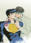  2boys arm_around_shoulder black_hair blue_eyes blue_hair diamond_wa_kudakenai earrings gakuran green_eyes headband higashikata_josuke jewelry jojo_no_kimyou_na_bouken kishibe_rohan male_focus multiple_boys peace_symbol pompadour school_uniform sumo_(komokomo1201) 