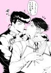  2boys cowlick diamond_wa_kudakenai earrings gakuran headband higashikata_josuke jewelry jojo_no_kimyou_na_bouken kishibe_rohan male_focus monochrome multiple_boys necktie peace_symbol pen pencil pink_background pompadour school_uniform simple_background sketchbook sumo_(komokomo1201) sweater_vest undercut wince 