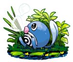  black_eyes bubble bubble_blowing from_side grass kokesa_kerokero lily_pad looking_up no_humans pokemon pokemon_(creature) poliwag solo symbol-only_commentary water white_background 