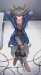  1boy arms_behind_head bangs black_hair blue_eyes crossed_legs denim dyed_bangs from_above fudou_yuusei hair_between_eyes highres jacket jeans jiayu_long knee_pads male_focus open_clothes open_jacket pants short_hair sleeping solo spiked_hair yu-gi-oh! yu-gi-oh!_5d&#039;s 