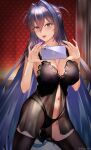  1girl absurdres azur_lane babydoll bed black_legwear blue_eyes blue_hair breasts cellphone cleavage female_pov highres holding holding_phone lingerie mirror misa_pika negligee new_jersey_(azur_lane) nightgown panties phone pov see-through selfie sitting smartphone solo taking_picture thighhighs underwear underwear_only 