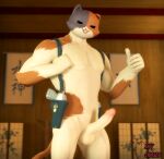  3d_(artwork) anthro balls calico_cat digital_media_(artwork) domestic_cat ears_down epic_games felid feline felis fortnite genitals gesture gun holster male male/male mammal manly meowscles_(fortnite) mottled muscular muscular_anthro muscular_male nude penis piebald pivoted_ears ranged_weapon sky_chaser smile solo source_filmmaker thumbs_up video_games weapon 