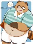  2022 anthro belly blush bottomwear brown_body canid canine clothing hi_res humanoid_hands kemono male mammal nakidori218 navel overweight overweight_male raccoon_dog rugby rugby_ball shirt shorts simple_background solo tanuki topwear 