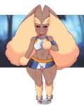  2022 absurd_res anthro big_ears biped black_sclera blush blush_lines bottomwear breasts brown_body clothing female floppy_ears footwear hi_res long_ears looking_at_viewer lopunny navel nintendo number open_mouth pok&eacute;mon pok&eacute;mon_(species) red_eyes saltyxodium sandals shorts solo standing teeth text tongue video_games 