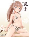  1girl ame-san animal_ears animal_print bikini breasts brown_hair character_name dated feet_out_of_frame grey_eyes hair_ribbon highres kantai_collection kazagumo_(kancolle) long_hair looking_at_viewer ponytail ribbon sitting small_breasts solo swimsuit tail tiger_ears tiger_print tiger_stripes tiger_tail twitter_username white_bikini yokozuwari 