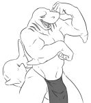  anthro balls bottomwear clenched_fists clothing elbow_fin fish flexing flookz genitals gills hi_res loincloth male marine monochrome muscular muscular_anthro muscular_male navel open_mouth shark simple_background solo standing teeth white_background 
