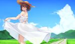  1girl bangs blue_sky brown_eyes brown_hair closed_mouth clothes_lift cloud commentary_request cumulonimbus_cloud day dress dress_lift eyebrows_visible_through_hair field frills hat hat_ribbon highres house katou_megumi lifted_by_self looking_at_viewer mountainous_horizon outdoors power_lines rebutsu ribbon road rural saenai_heroine_no_sodatekata short_hair sky smile solo standing straw_hat sun_hat sundress torii vanishing_point white_dress 