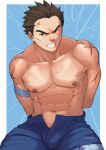  1boy abs arms_behind_head bara bulge cowboy_shot cross_scar dirty dirty_face forked_eyebrows highres ichimonji_batsu justice_gakuen looking_at_viewer male_focus male_pubic_hair muscular muscular_male navel nipples no_male_underwear pectorals pubic_hair pubic_hair_peek scar scar_on_arm short_hair sideburns sitting solo stomach thick_eyebrows thick_thighs thighs topless_male zink_(zink_mchn) 