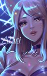  1girl ahri_(league_of_legends) animal_ears bangs black_choker blonde_hair breasts brown_eyes character_name choker cleavage collarbone eyebrows_visible_through_hair facial_mark fox_ears highres hoshina_meito k/da_(league_of_legends) k/da_ahri large_breasts league_of_legends long_hair looking_at_viewer portrait shiny shiny_hair solo whisker_markings 
