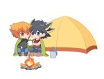  2boys bangs black_hair blue_eyes brown_eyes brown_hair camping chibi denim fire fudou_yuusei hair_between_eyes heads_together jeans jiayu_long male_focus multicolored_hair multiple_boys pants shared_blanket shared_drink short_hair sidelocks spiked_hair tent two-tone_hair white_background yu-gi-oh! yu-gi-oh!_5d&#039;s yu-gi-oh!_gx yuuki_juudai 