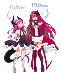  2girls bangs bare_shoulders black_dress blush boots breasts center_frills closed_eyes curled_horns detached_collar detached_sleeves dragon_girl dragon_horns dragon_tail dress earrings elizabeth_bathory_(fate) fairy_knight_tristan_(fate) fate/extra fate/grand_order fate_(series) frills full_body grey_eyes hair_ribbon height_chart highres horns jewelry large_breasts layered_skirt long_hair multiple_girls pink_hair pointy_ears red_dress red_footwear ribbon sidelocks skirt small_breasts smile tail thigh_boots thighhighs tiara two_side_up white_skirt yamagara_tasuku 