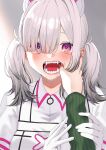  1girl blush finger_in_another&#039;s_mouth gomo grey_background hair_over_one_eye highres long_hair looking_at_viewer mouth_pull open_mouth pov pov_hands purple_eyes silver_hair simple_background solo_focus sukoya_kana teeth tongue twintails upper_body 