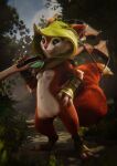  3d_(artwork) 4_fingers absurd_res anthro bandage big_ears breasts claws crossbow digital_media_(artwork) dota eyelashes female fingers forest forest_background fur genitals hi_res hoodwink_(dota) makeup mammal nature nature_background nipples plant pose ranged_weapon red_body red_fur rodent sciurid smile solo tail_tuft tree tree_squirrel tuft video_games vlad-lox weapon white_body 
