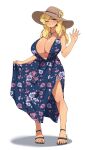  1girl absurdres blonde_hair blush breasts cleavage commission dress eyebrows_visible_through_hair floral_print full_body green_eyes hat highres navel one_eye_closed oppaihobby original parted_lips smile summer sun_hat transparent_background 
