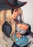  1girl blonde_hair blue_eyes breasts cleavage cleavage_cutout clothing_cutout collared_shirt crossed_arms eyepatch from_side grey_background hat hinoru_saikusa large_breasts lips long_hair looking_at_viewer one-eyed open_mouth original pirate pirate_hat serious shirt simple_background solo wrist_cuffs 
