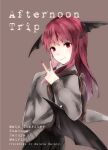  1girl alternate_costume bangs bat_wings character_name cover cover_page cowboy_shot doujin_cover english_text eyebrows_visible_through_hair from_side grey_background head_wings koakuma long_hair looking_at_viewer low_wings nagata_nagato nail_polish red_eyes red_hair simple_background smile solo sweater touhou v wings 