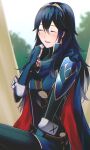  1girl ameno_(a_meno0) blue_hair cape closed_mouth elbow_gloves fingerless_gloves fire_emblem fire_emblem_awakening forest gloves laughing long_hair lucina_(fire_emblem) nature open_mouth outdoors sitting smile solo tent tiara tree 