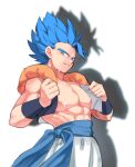  1boy abs bara bare_pectorals blue_hair cowboy_shot cropped_jacket dragon_ball dragon_ball_(classic) jacket jiayu_long large_pectorals male_focus muscular muscular_male nipples open_clothes open_jacket pectorals short_hair smile solo spiked_hair stomach super_saiyan super_saiyan_blue sweat vegetto 