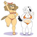  2022 4_fingers accessory anthro belly big_breasts bikini biped black_ears black_nose black_tail bra breasts brown_ears brown_pawpads brown_tail canid canine canis chest_tuft chubby_anthro chubby_female clothing ddaabbs derp_eyes digital_media_(artwork) domestic_dog duo female fingers flop floppy_ears fluffy_ears full-length_portrait fur googly_eyes hair hair_accessory hair_ribbon hand_on_hip hi_res mammal open_mouth orange_bra orange_clothing orange_panties orange_underwear panties pattern_bikini pattern_clothing pattern_swimwear pawpads peanut_butter_(puppychan48) pink_belly pink_pawpads pink_ribbon polka_dot_bra polka_dot_panties portrait puffed_cheeks puppychan raised_arm raised_leg ribbons shaded short_hair simple_background simple_shading slightly_chubby smile standing striped_bikini striped_clothing striped_swimwear stripes swimwear tan_body tan_fur thick_thighs tuft underwear white_background 