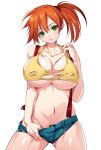  1girl alternate_breast_size ass_visible_through_thighs bare_shoulders breasts collarbone covered_nipples cowboy_shot green_eyes groin hair_between_eyes hand_up head_tilt highres huge_breasts light_smile looking_at_viewer medium_hair midriff misty_(pokemon) navel open_clothes open_fly open_shorts orange_hair parted_lips pokemon pokemon_(anime) pokemon_(classic_anime) short_shorts shorts side_ponytail skindentation smash_daisaku solo stomach suspenders tank_top torn_clothes underboob undersized_clothes undressing 