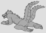  2_tails anthro anus butt crocodile crocodilian crocodylid dandy_(legendz) flookz grey_background legendz looking_back lying male monochrome multi_tail nude on_front plantigrade presenting presenting_hindquarters raised_tail reptile scalie simple_background solo spikes 