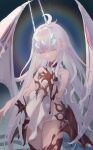  1girl bangs bare_shoulders breasts closed_eyes dragon_wings dress fairy_knight_lancelot_(fate) fate/grand_order fate_(series) horns long_hair panties pelvic_curtain revealing_clothes sideboob sidelocks small_breasts solo tail thighs underwear vogel white_dress white_hair white_panties wings 