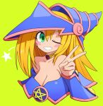  1girl bare_shoulders blonde_hair blush_stickers breasts cleavage collarbone dark_magician_girl eyebrows_visible_through_hair green_background green_eyes grin highres large_breasts long_hair looking_at_viewer one_eye_closed parted_lips simple_background smile solo teeth upper_body v yachima_tana yu-gi-oh! 